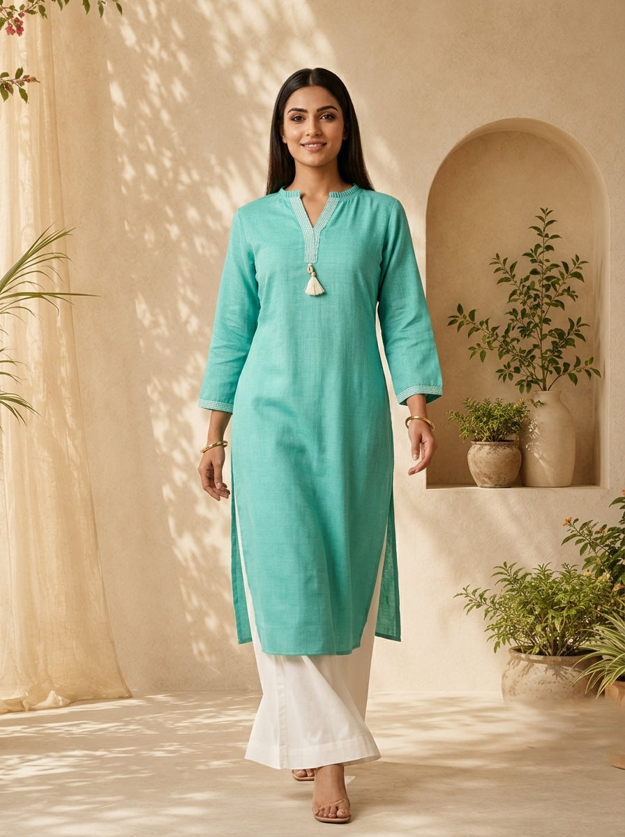 Mint Aqua Solid Design And Thread Embroidery Linen Kurta