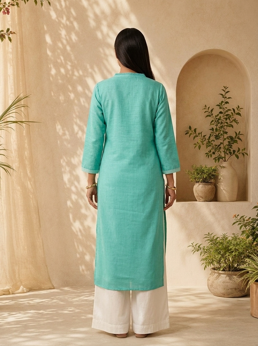 Mint Aqua Solid Design And Thread Embroidery Linen Kurta