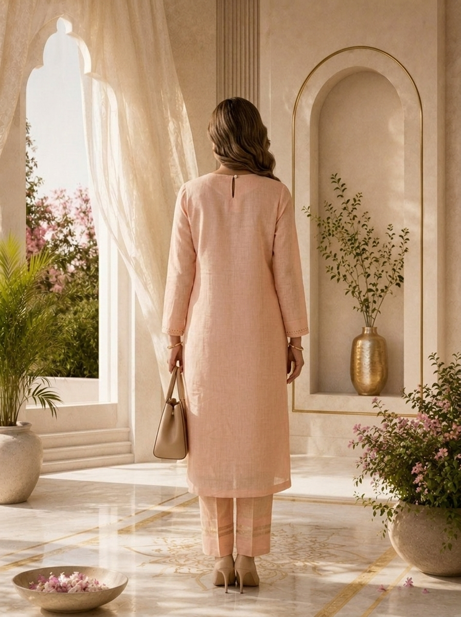 Pink Linen Solid Design Two Piece Set With Elegant Gold Detailing