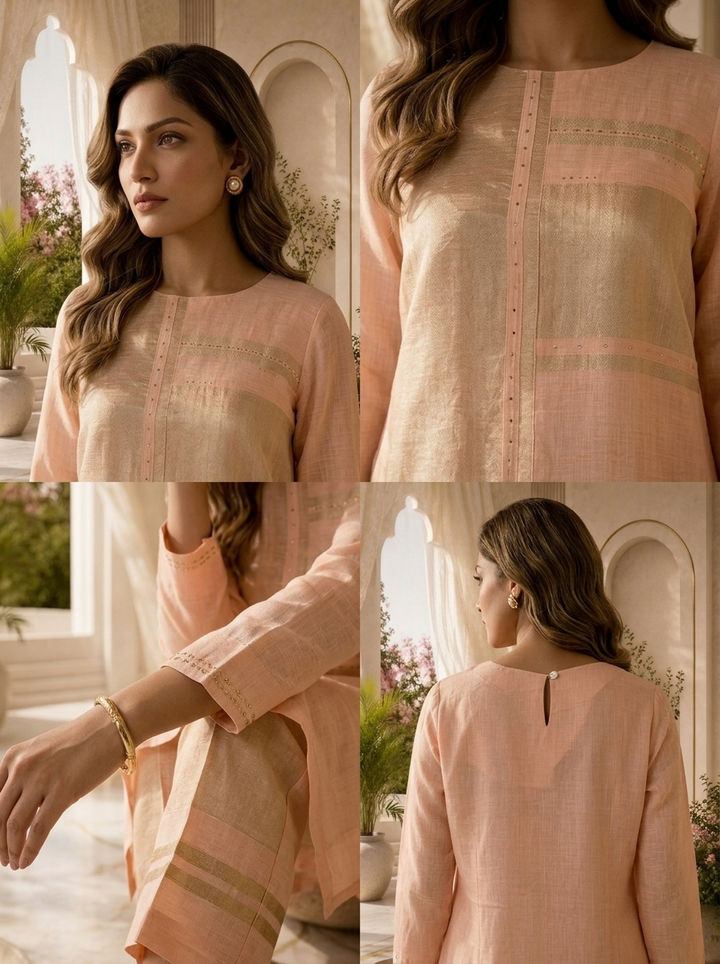 Pink Linen Solid Design Two Piece Set With Elegant Gold Detailing