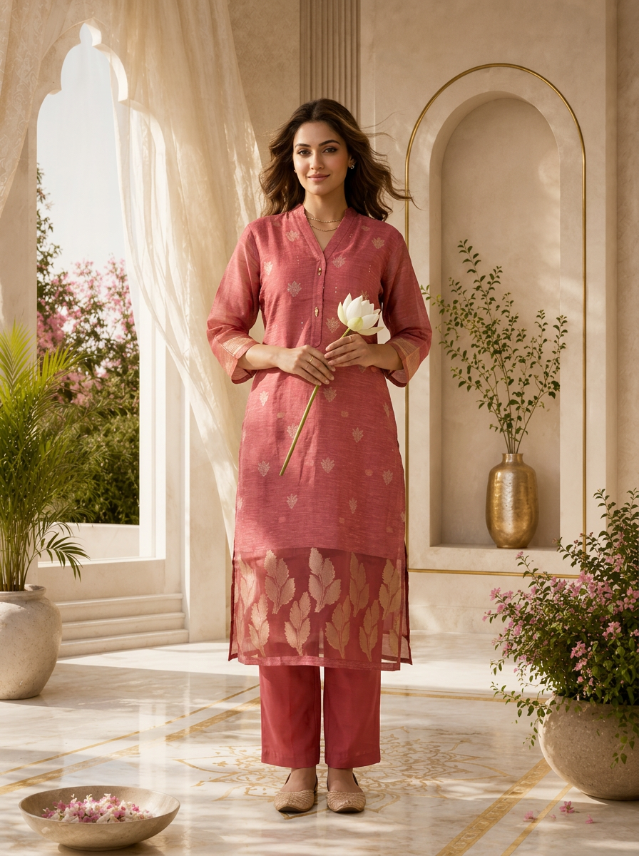 Rose Pink Silk Two Piece Set With Gold Leaf Motifs