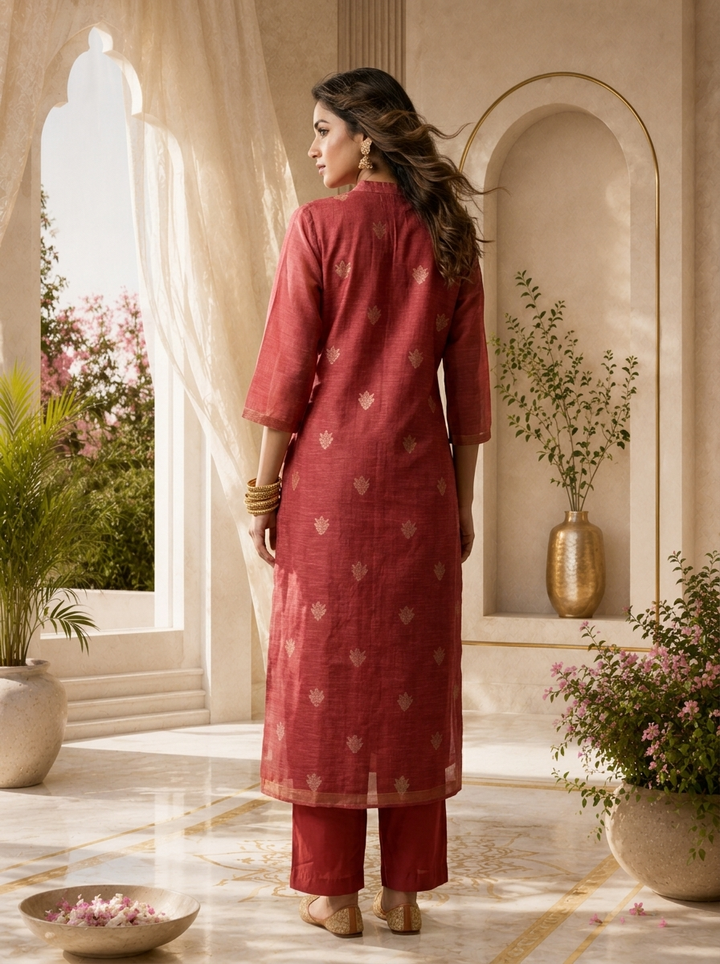 Rose Pink Silk Two Piece Set With Gold Leaf Motifs
