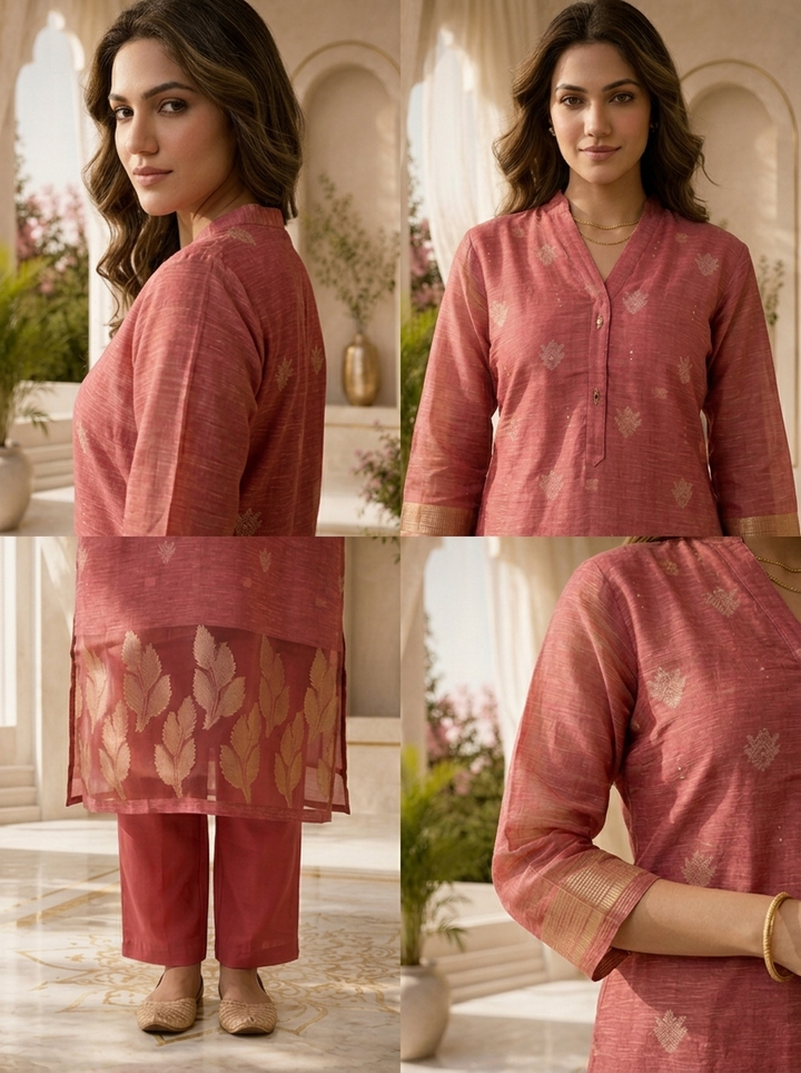 Rose Pink Silk Two Piece Set With Gold Leaf Motifs