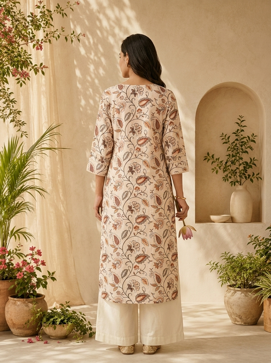 Off White Linen Floral Printed And Sequins Embroidery Kurta