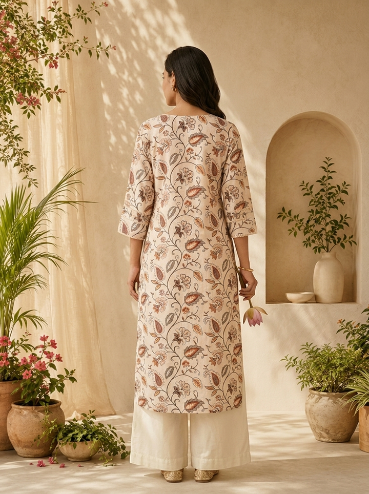 Off White Linen Floral Printed And Sequins Embroidery Kurta