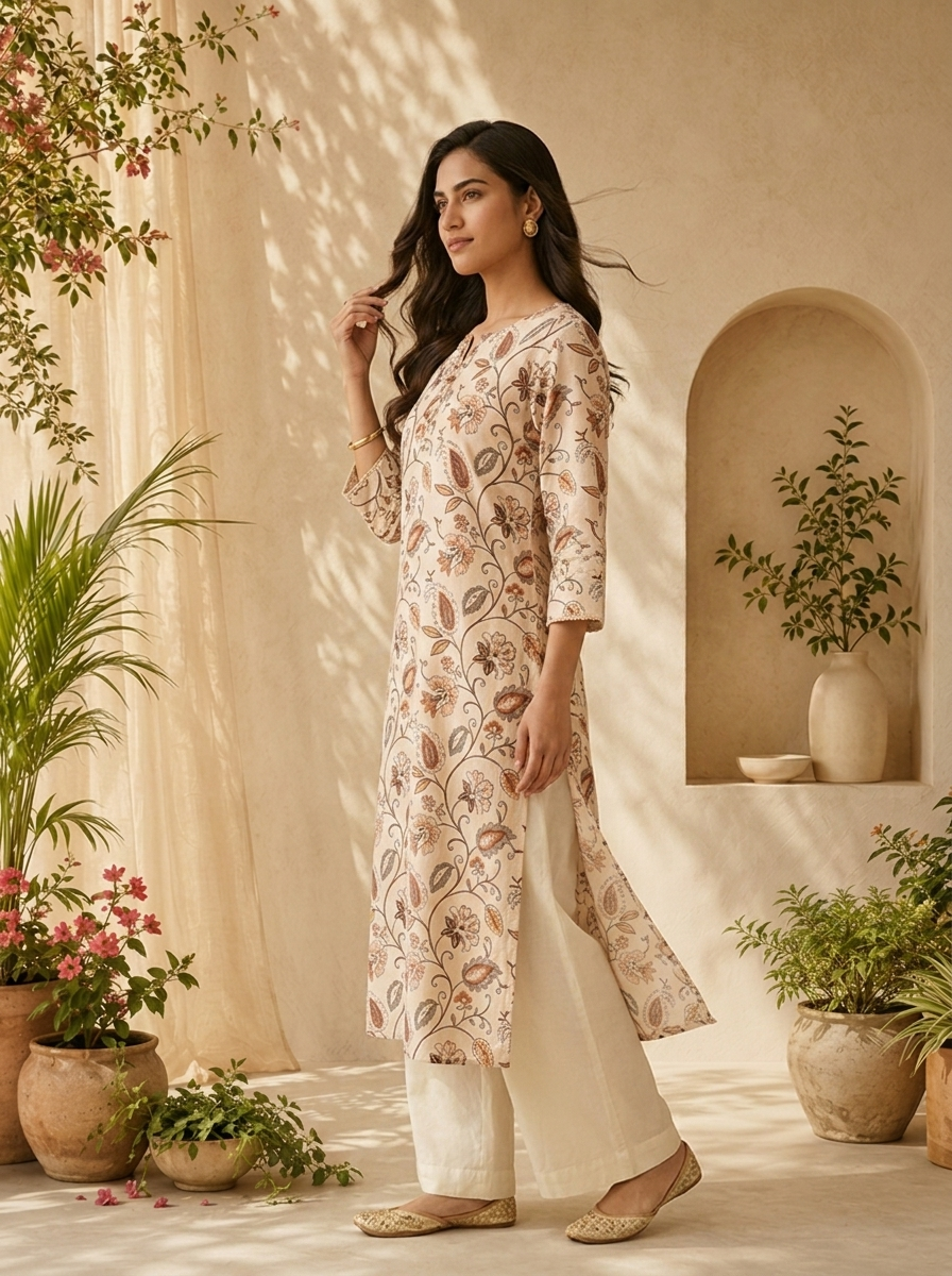 Off White Linen Floral Printed And Sequins Embroidery Kurta