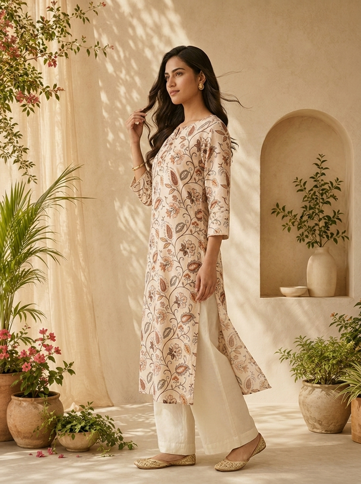 Off White Linen Floral Printed And Sequins Embroidery Kurta