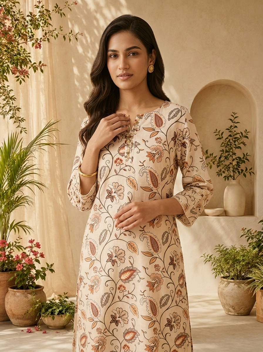Off White Linen Floral Printed And Sequins Embroidery Kurta