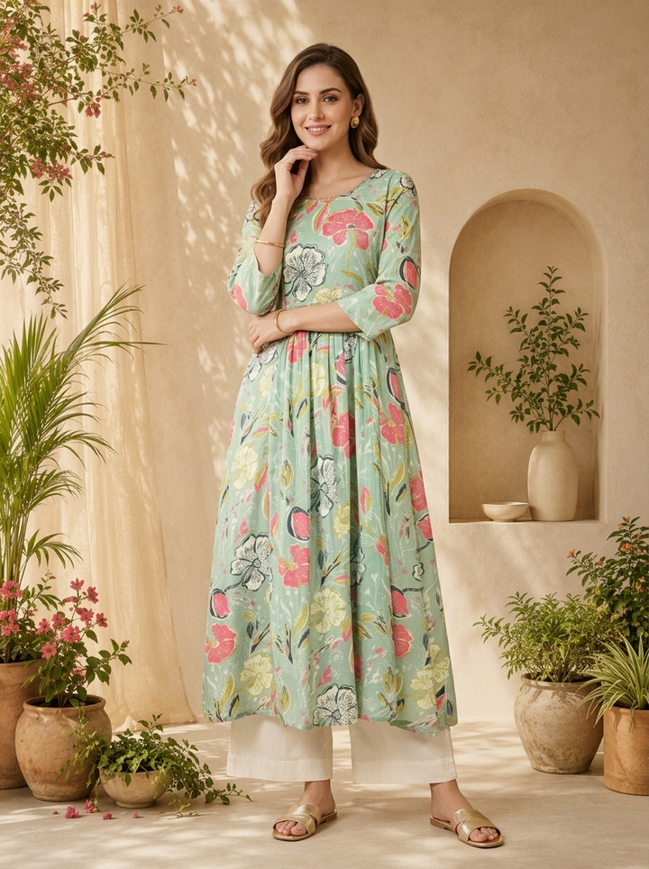 Pista Beads Embroidery And Floral Printed Long Dress