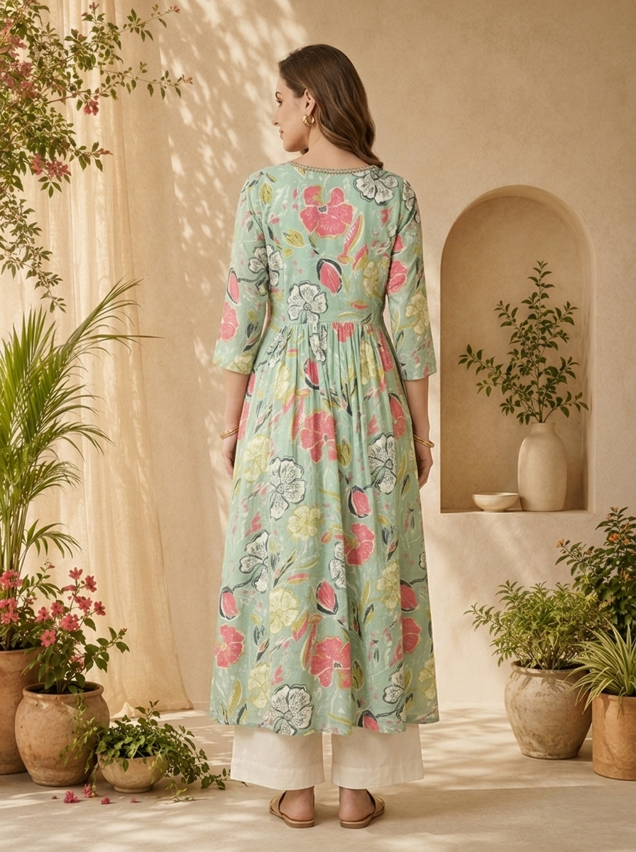 Pista Beads Embroidery And Floral Printed Long Dress