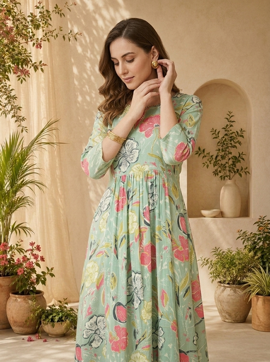 Pista Beads Embroidery And Floral Printed Long Dress