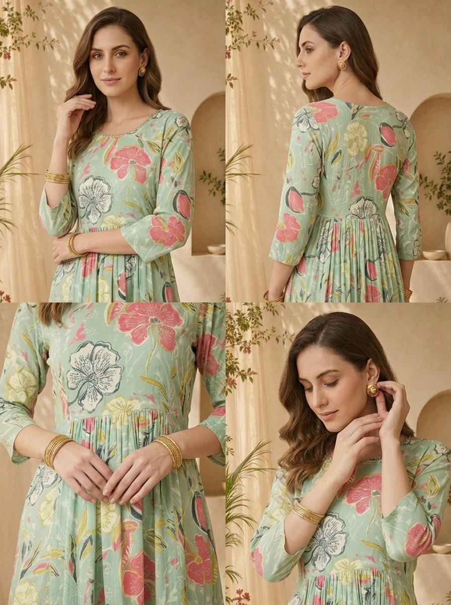 Pista Beads Embroidery And Floral Printed Long Dress