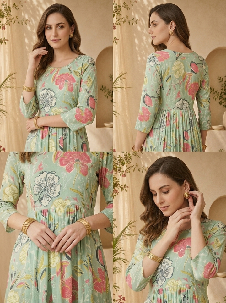 Pista Beads Embroidery And Floral Printed Long Dress