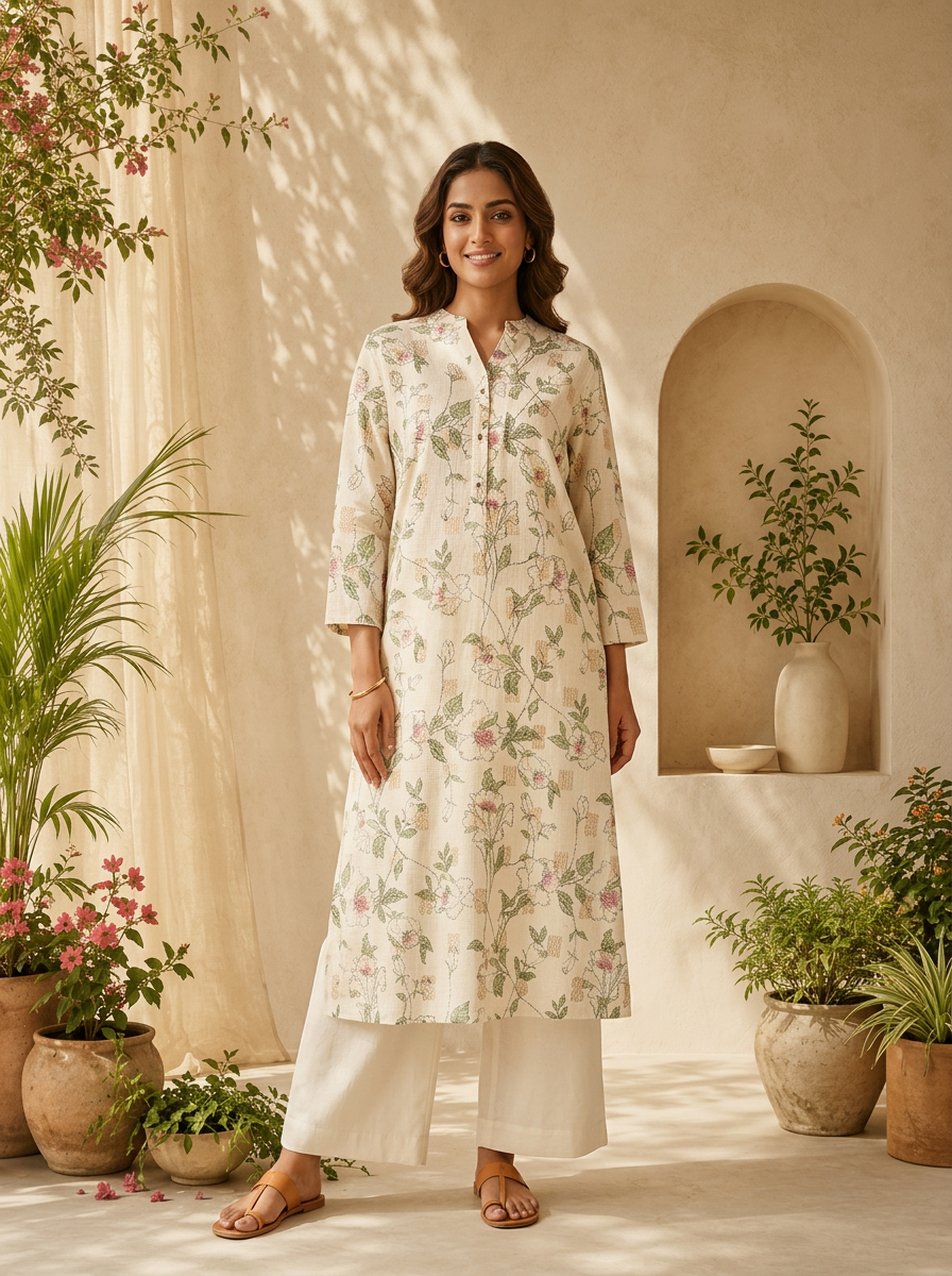Olive Linen Printed Straight Kurta