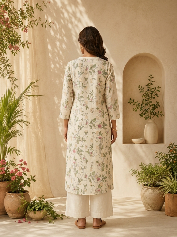 Olive Linen Printed Straight Kurta
