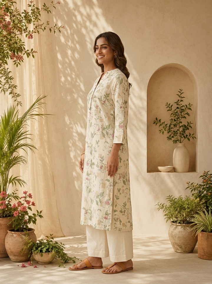 Olive Linen Printed Straight Kurta