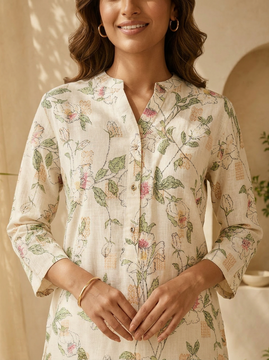 Olive Linen Printed Straight Kurta