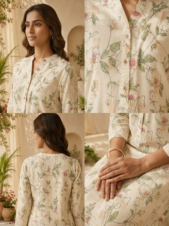 Olive Linen Printed Straight Kurta