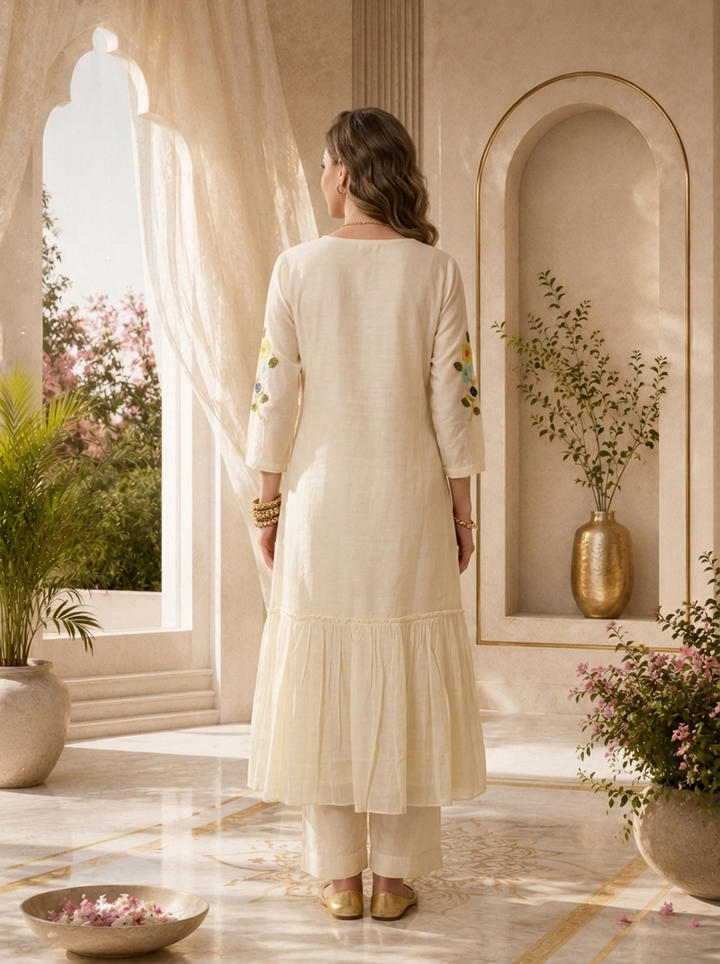 White Chanderi Floral Thread Embroidered Long Dress
