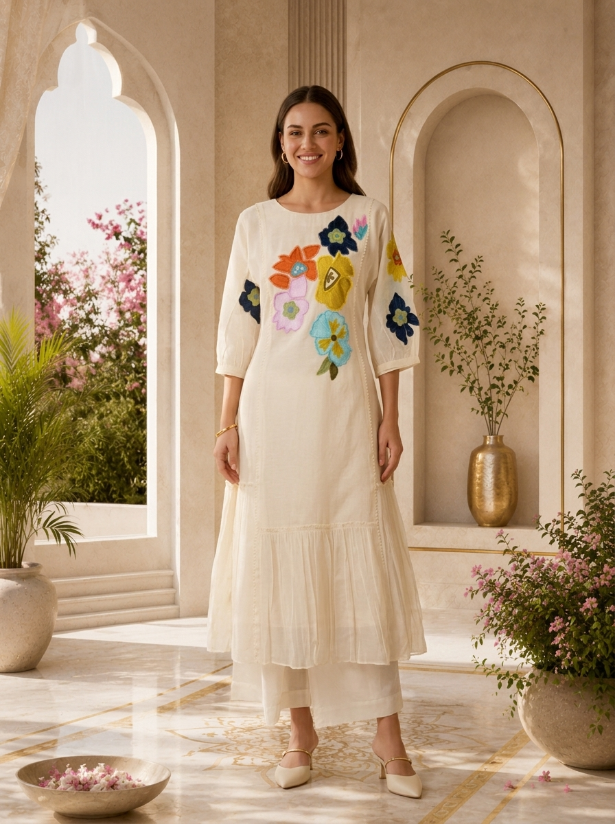 Cream Chanderi Floral Thread Embroidered Long Dress