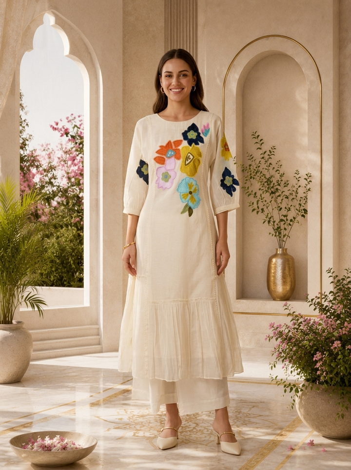Cream Chanderi Floral Thread Embroidered Long Dress