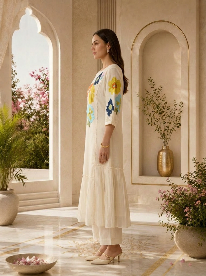 Cream Chanderi Floral Thread Embroidered Long Dress