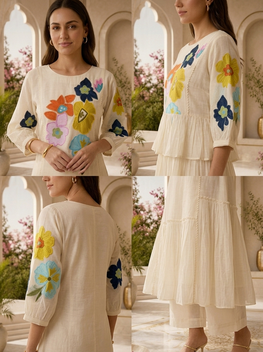 Cream Chanderi Floral Thread Embroidered Long Dress