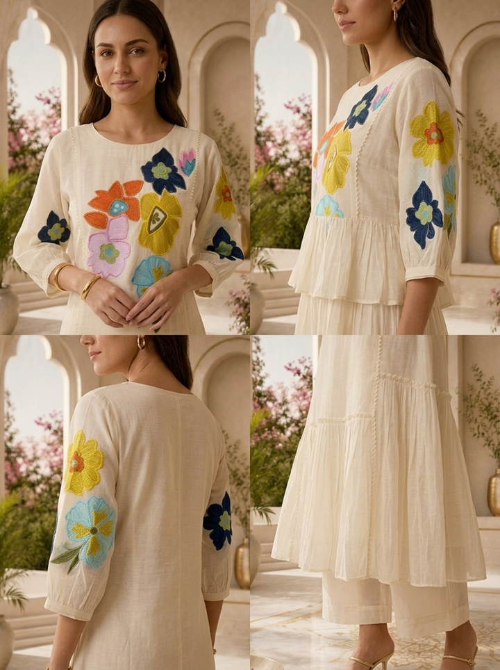 Cream Chanderi Floral Thread Embroidered Long Dress