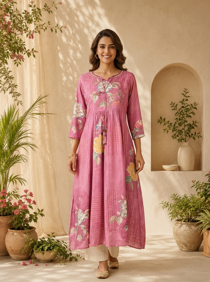 Onion Pink Striped Design And Floral Printed Long Dress