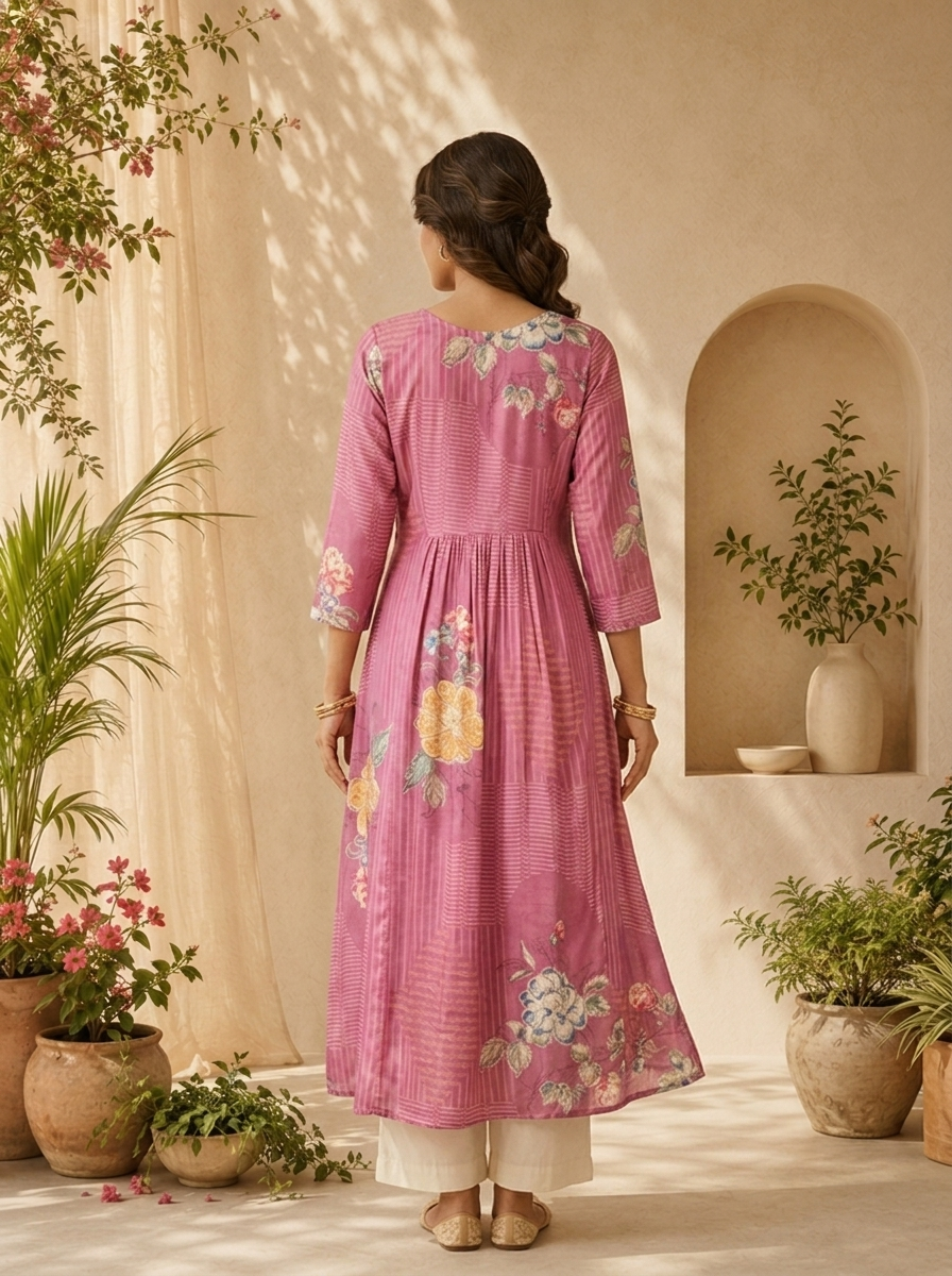 Onion Pink Striped Design And Floral Printed Long Dress