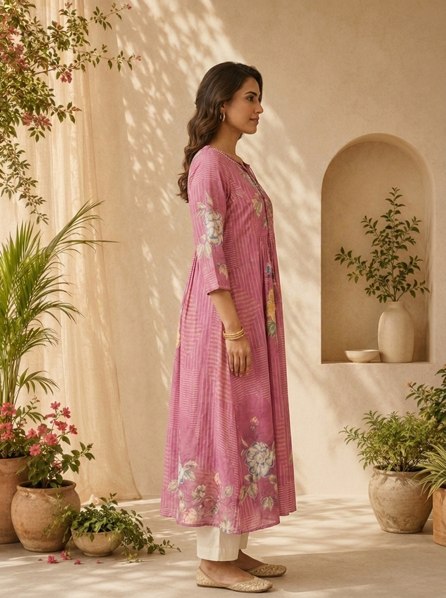 Onion Pink Striped Design And Floral Printed Long Dress