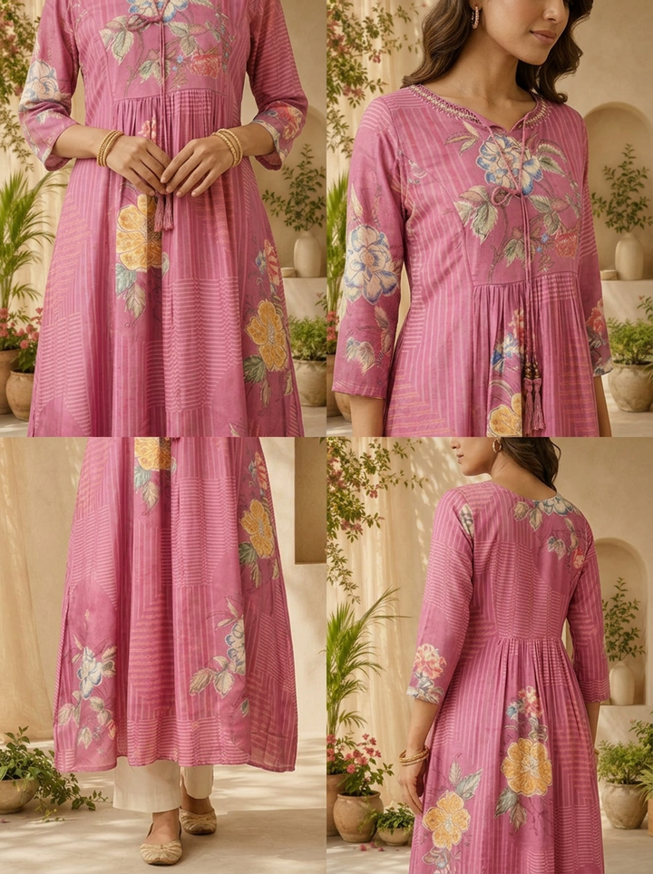 Onion Pink Striped Design And Floral Printed Long Dress