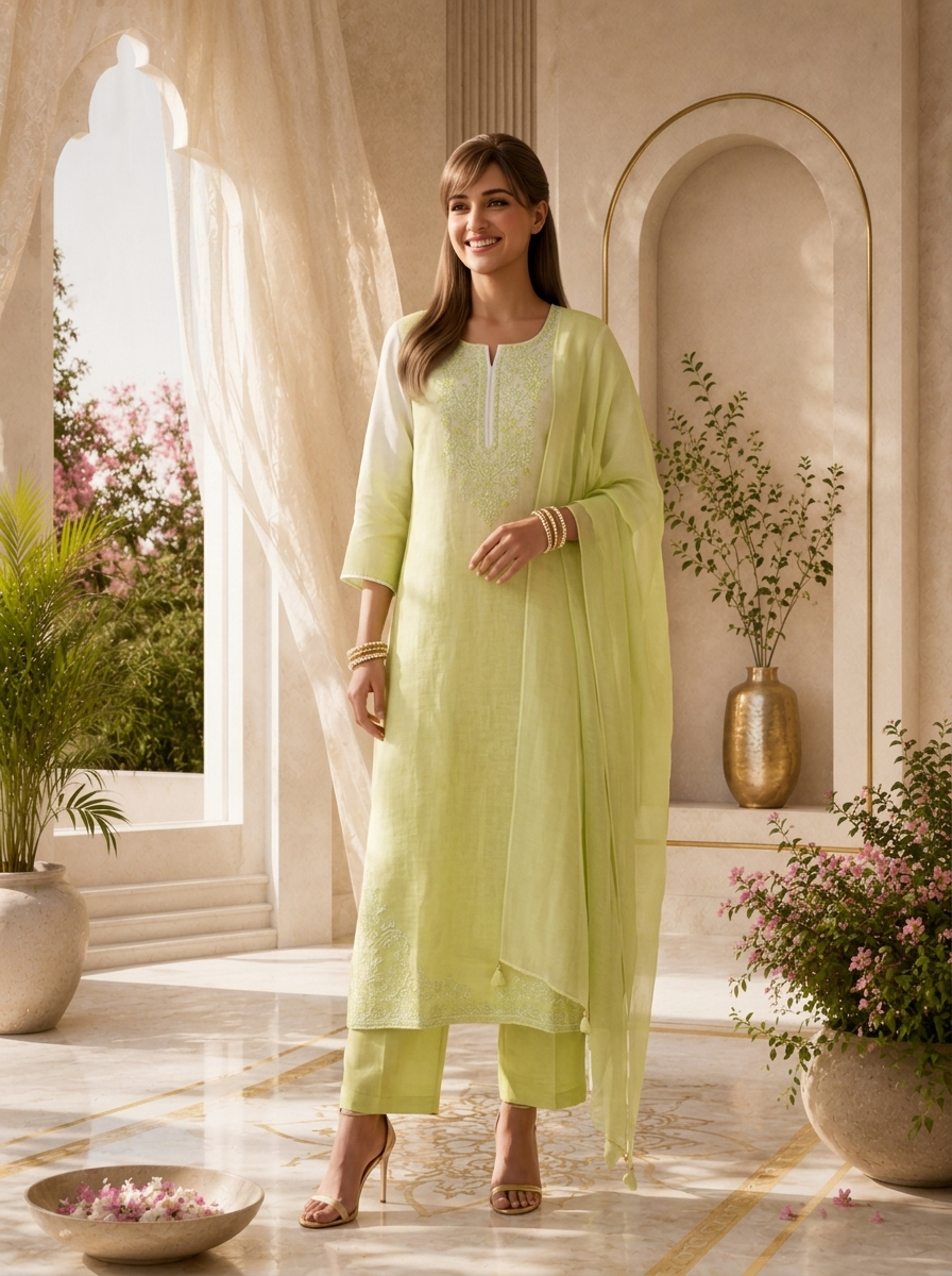Pista And Cream Floral Thread Embroidery Linen Three Piece Set