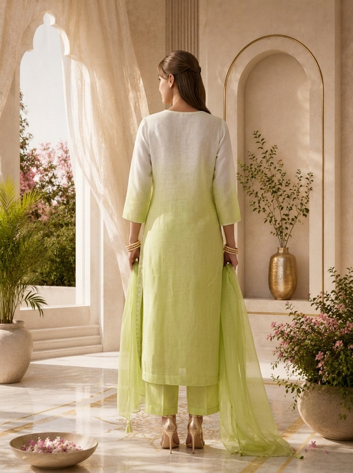 Pista And Cream Floral Thread Embroidery Linen Three Piece Set