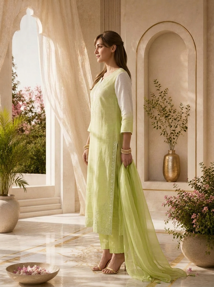 Pista And Cream Floral Thread Embroidery Linen Three Piece Set