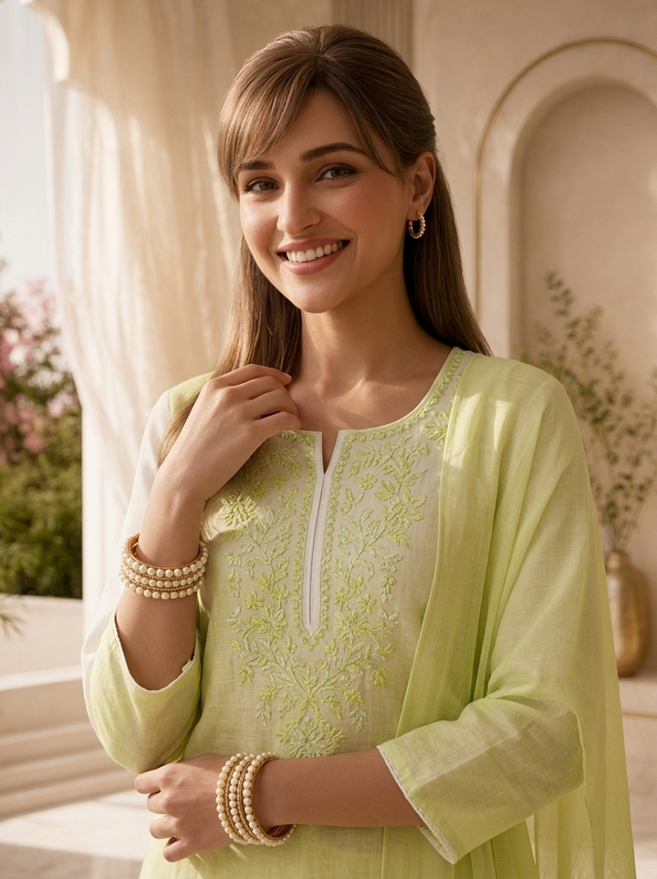 Pista And Cream Floral Thread Embroidery Linen Three Piece Set