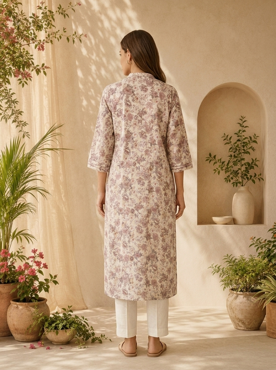 Onion Pink Cotton Printed And Patch Embroidered Kurta