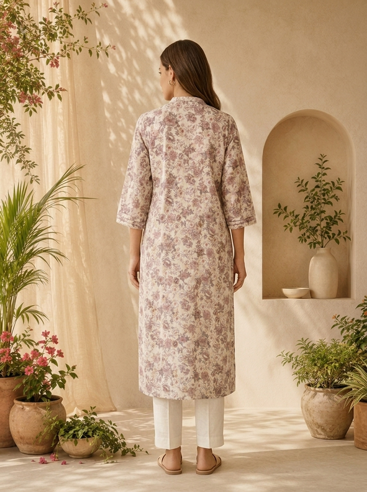 Onion Pink Cotton Printed And Patch Embroidered Kurta