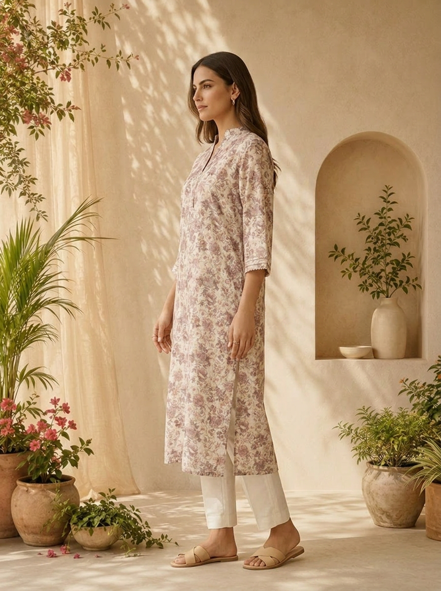 Onion Pink Cotton Printed And Patch Embroidered Kurta