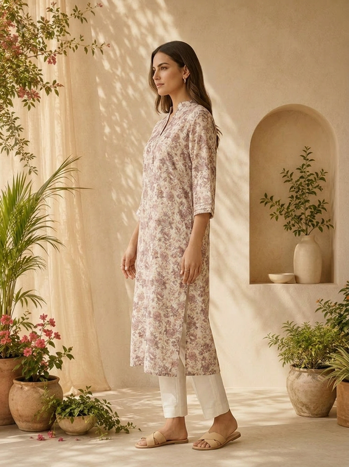 Onion Pink Cotton Printed And Patch Embroidered Kurta