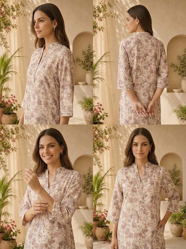 Onion Pink Cotton Printed And Patch Embroidered Kurta