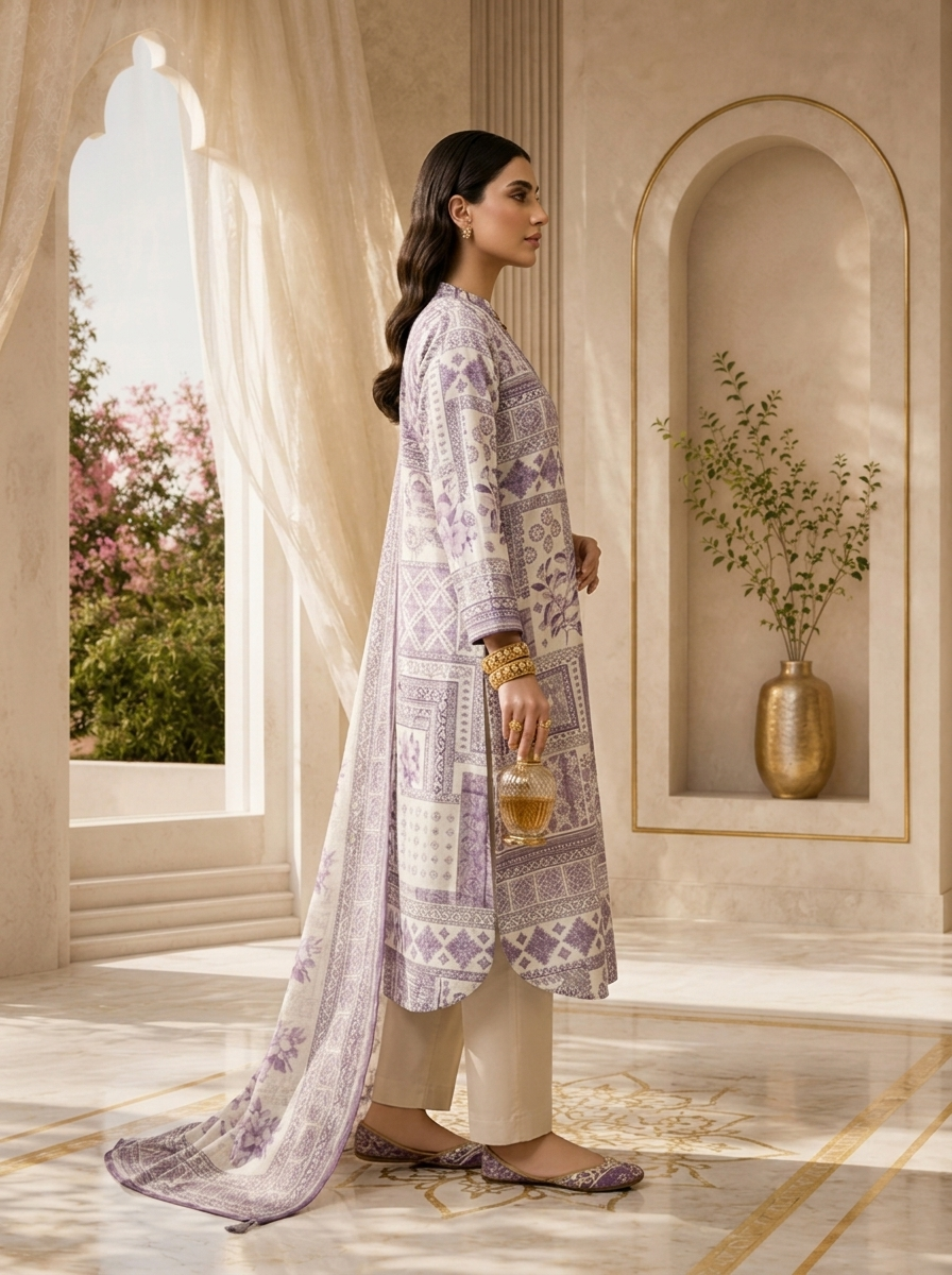 Lavender Printed Rayon Three Piece Set