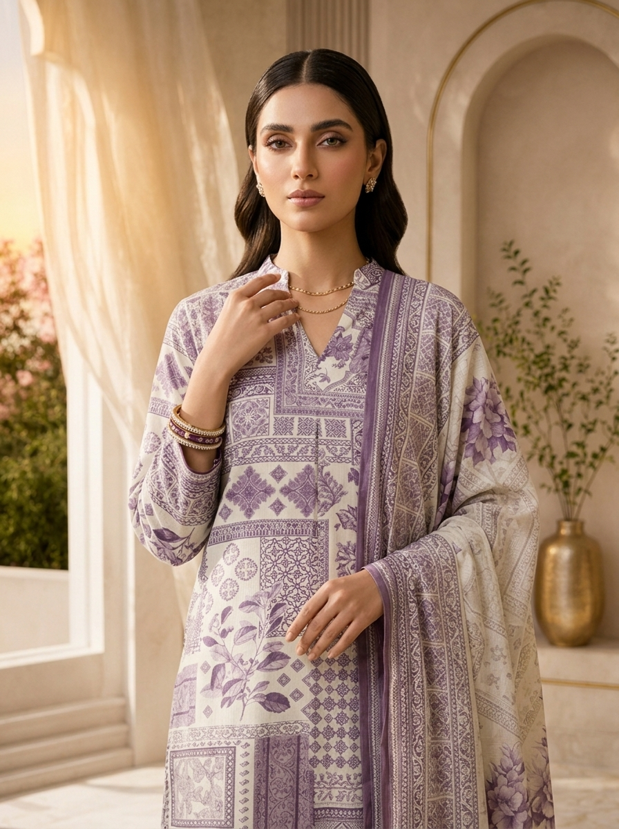 Lavender Printed Rayon Three Piece Set