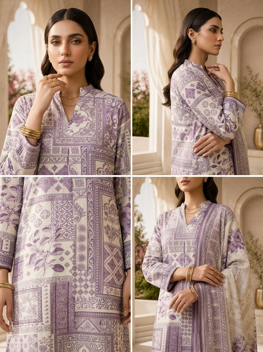 Lavender Printed Rayon Three Piece Set