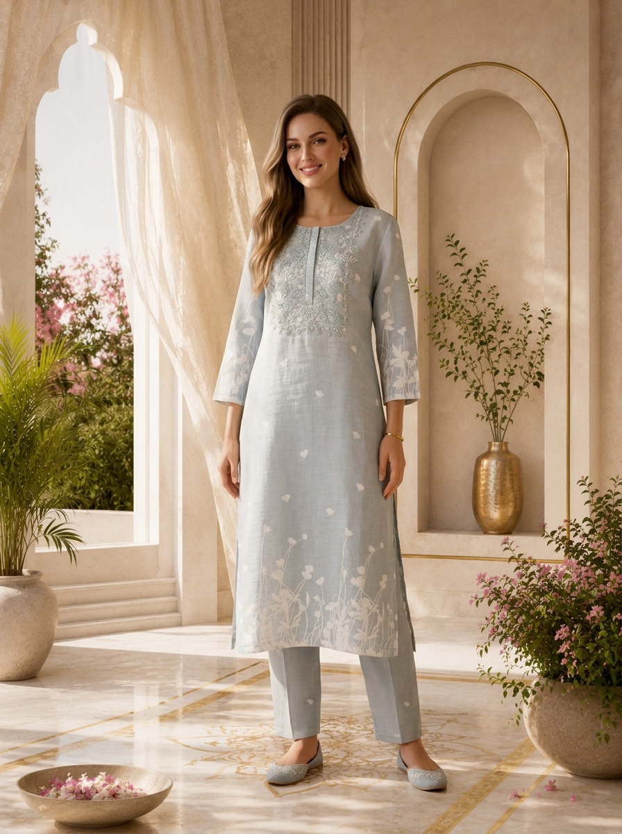 Grey Heavy Thread Embroidered Linen Two Piece Set