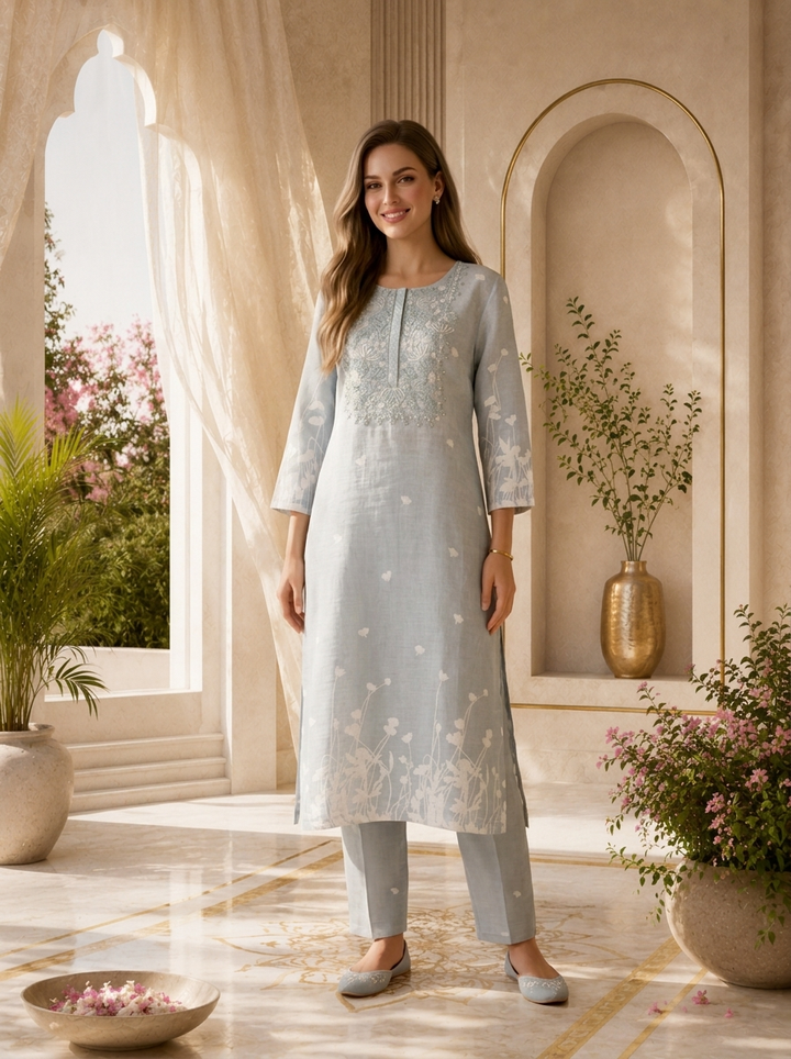 Grey Heavy Thread Embroidered Linen Two Piece Set