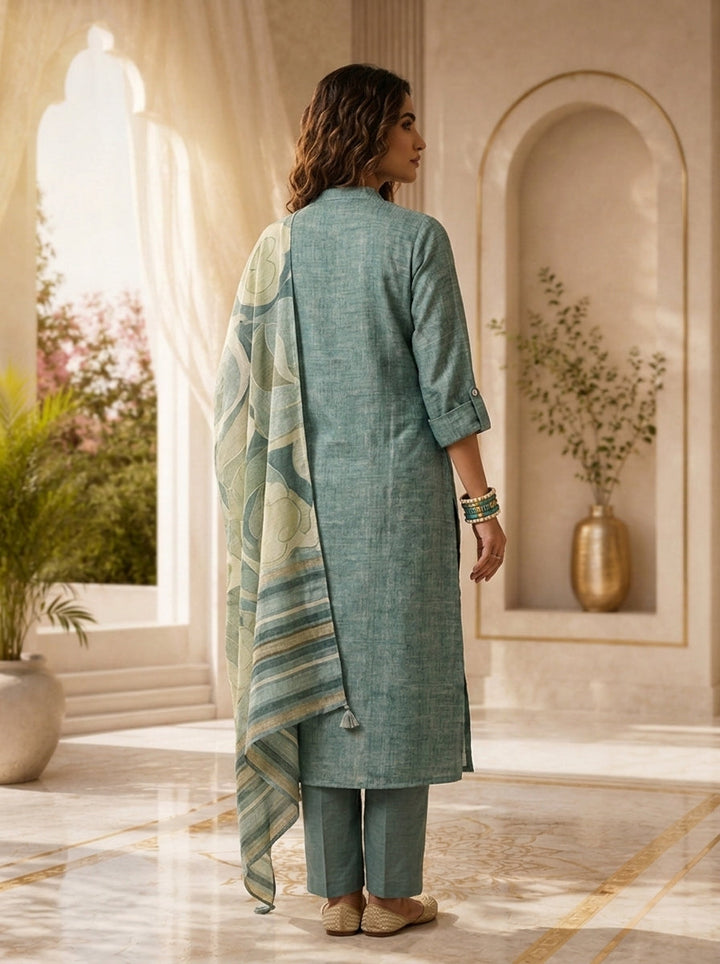 Olive Silk Sequins Embroidery And Solid Design Three Piece Set