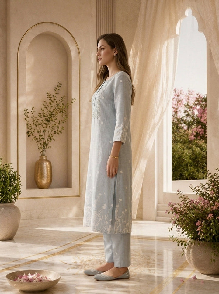 Grey Heavy Thread Embroidered Linen Two Piece Set
