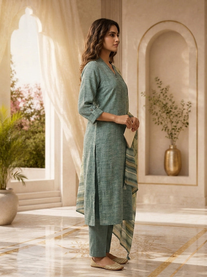 Olive Silk Sequins Embroidery And Solid Design Three Piece Set