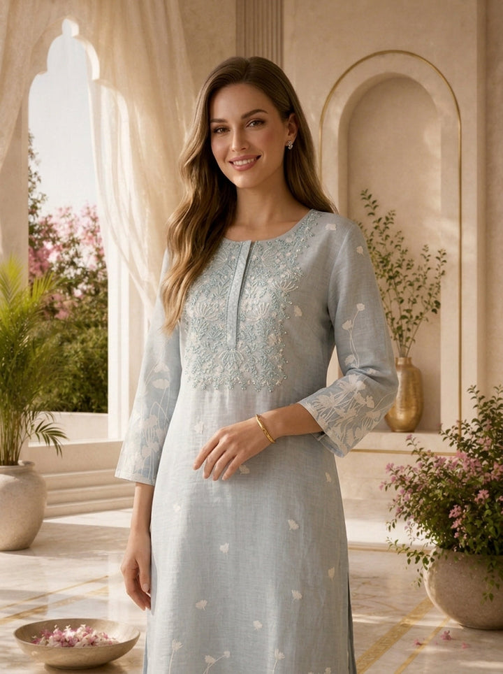 Grey Heavy Thread Embroidered Linen Two Piece Set